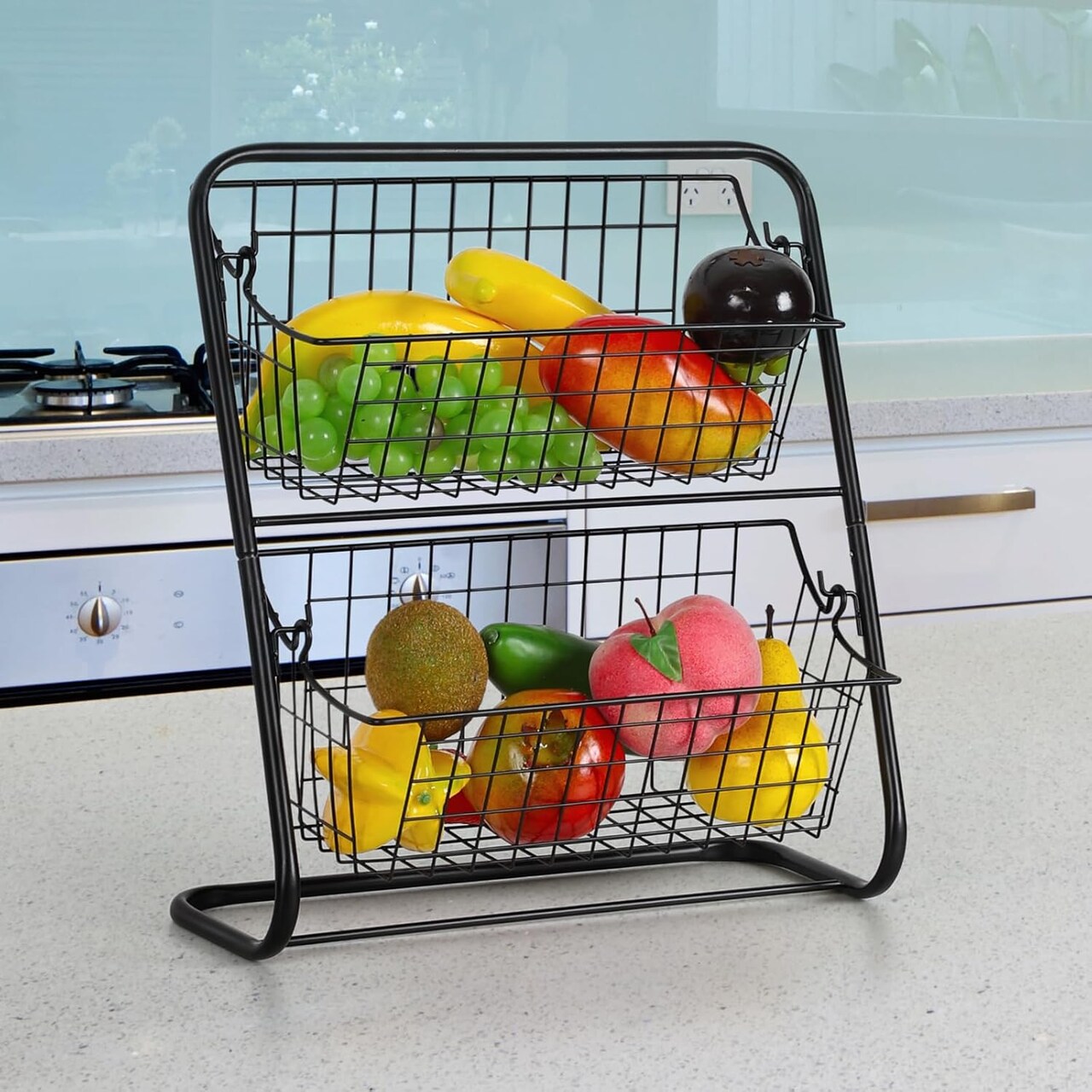 2-Tier Metal Wire Fruit Basket Bowl for Kitchen Counter – Detachable Hanging Organizer with Vintage Black Finish for Fruits, Vegetables, Bread, Snacks, Rust-Proof Countertop Storage